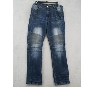 XRAY Jeans Mens 34x32 Moto Biker Straight Leg Blue Denim Stretch Ribbed Paneling